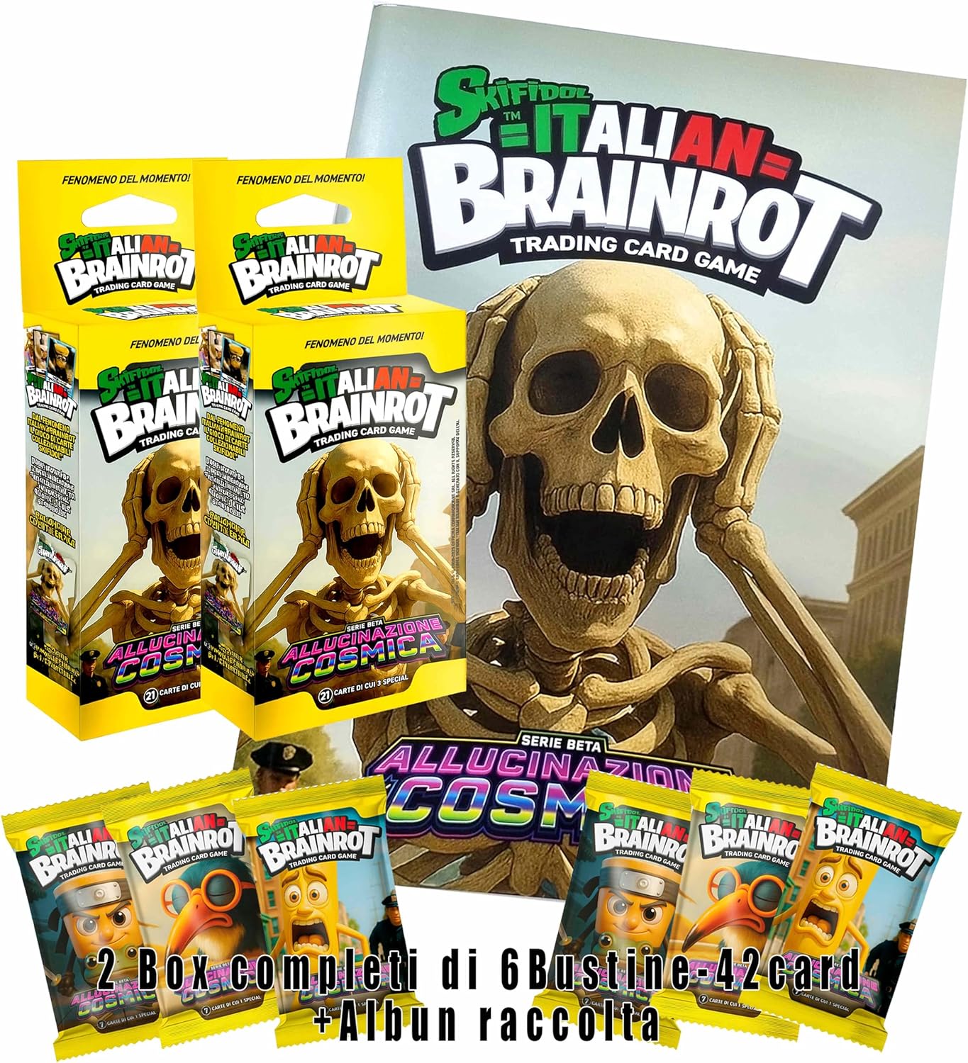 Skifidol Italian Brainrot Trading Card Game, Serie Beta, 2 Box da 3 Bustine (42 figurine) + Album Raccoglitore, Allucinazione Cosmica