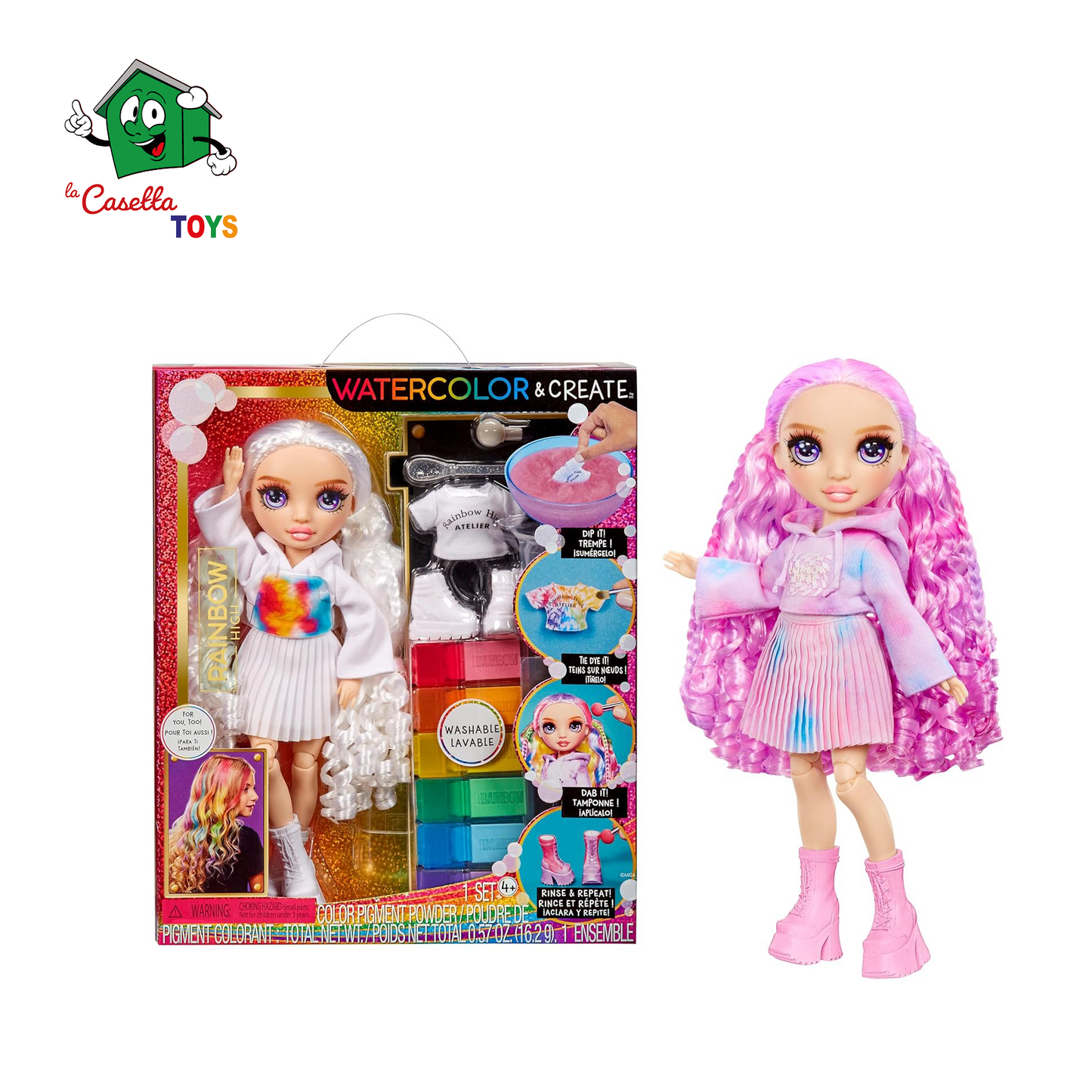 Rainbow High Watercolour & Create DIY Fashion Doll Con Acquerelli Lavabili E Kit Tie-Dye - Occhi Viola, Capelli Ricci, Top E Scarpe Extra - Colora, Crea, Gioca, Risciacqua E Ripeti - Età 4-12+