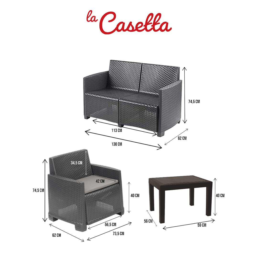Set salotto da esterno , Set da giardino con 2 poltrone, 1 divano e 1 tavolino, Effetto rattan con cuscini, 100% Made in Italy, Antracite
