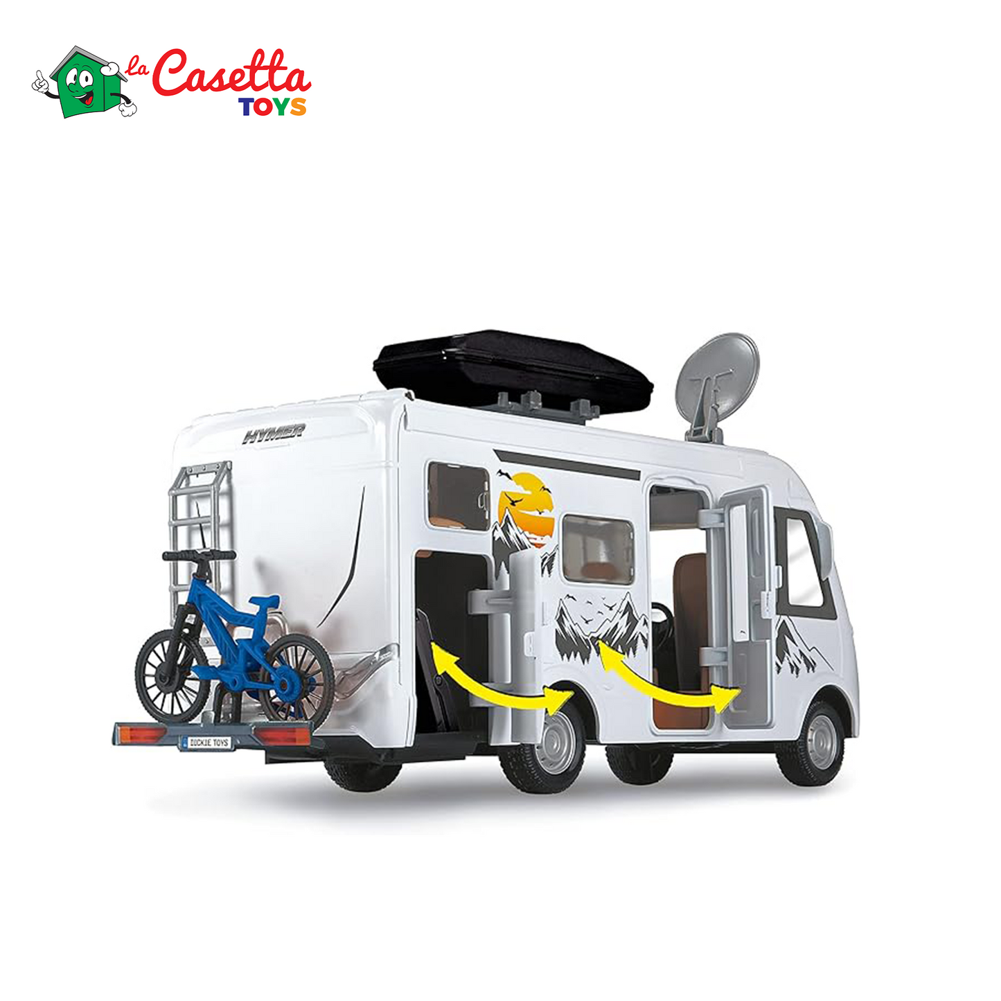 Dickie Toys - Playlife Camper Set, Hymer B-Class Motorhome, con pannello, porta laterale, gavone e tetto apribili, Incluso personaggio, E-Bike, BBQ con luci, paddling, tavolo con sedia