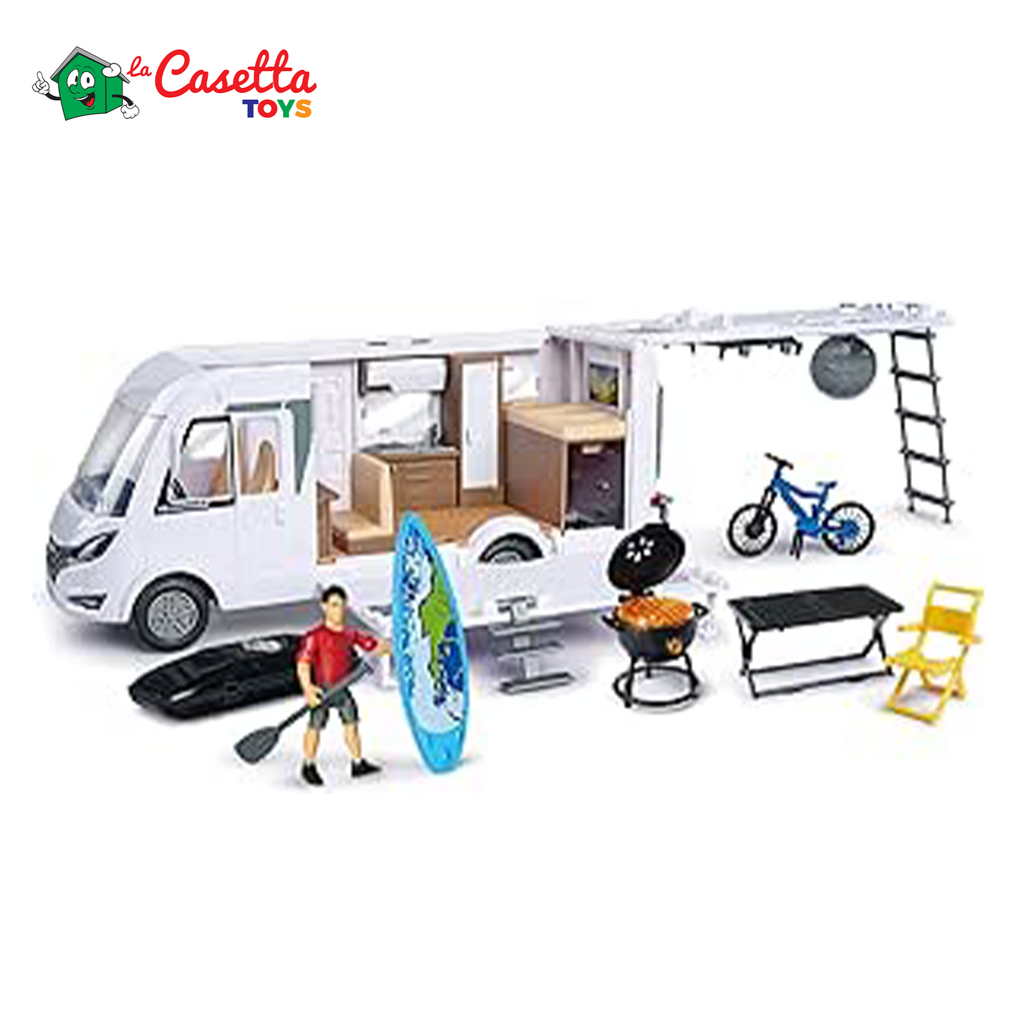 Dickie Toys - Playlife Camper Set, Hymer B-Class Motorhome, con pannello, porta laterale, gavone e tetto apribili, Incluso personaggio, E-Bike, BBQ con luci, paddling, tavolo con sedia