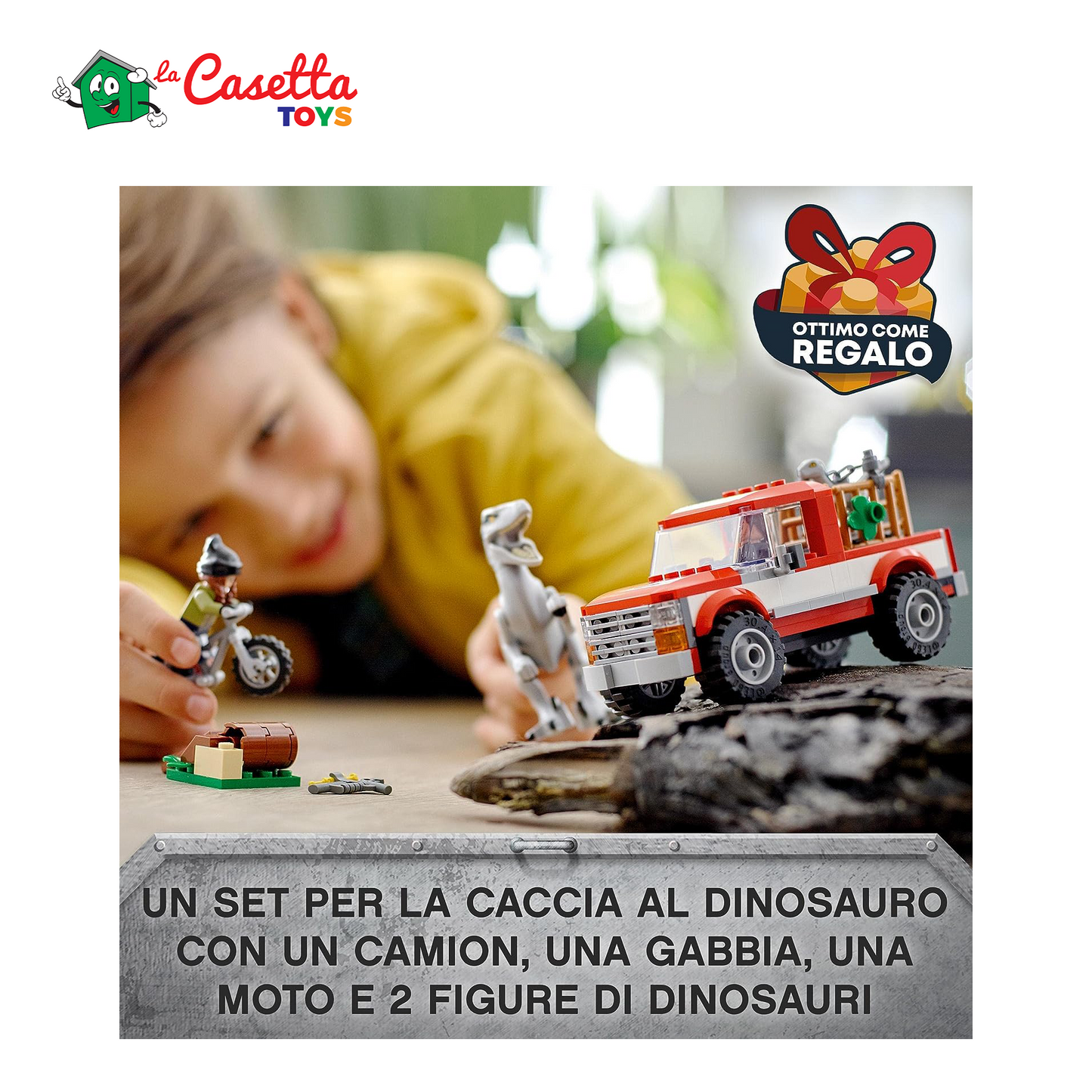 LEGO 76946 Jurassic World La Cattura dei Velociraptor Blue e Beta, Dinosauri Giocattolo, Camion e Moto, Idea Regalo, Giochi per Bambini e Bambine, Dino