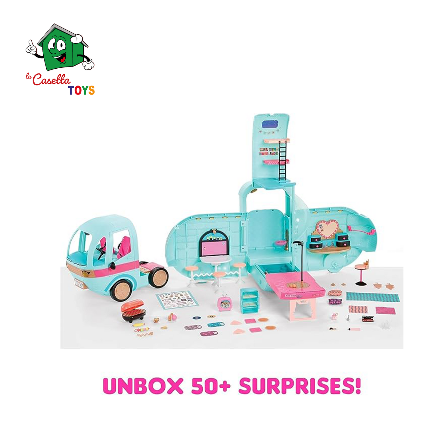 L.O.L. Surprise! OMG Glam N' Go Camper Set da gioco con oltre 50 sorprese e gioco a 360°, arredato con piscina, scivolo d'acqua, letti a castello, vanity, barbecue, cabina DJ e altro ancora - Età 4+