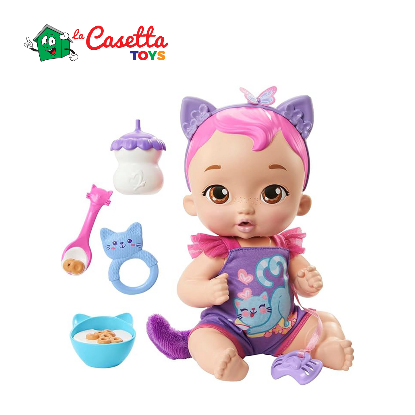 My Garden Baby Gattina Pappa e Nanna - Bambola interattiva viola da 30,5 cm, con oltre 20 suoni e 5 accessori, Giocattolo e regalo per Bambini 3+ Anni, HHP28