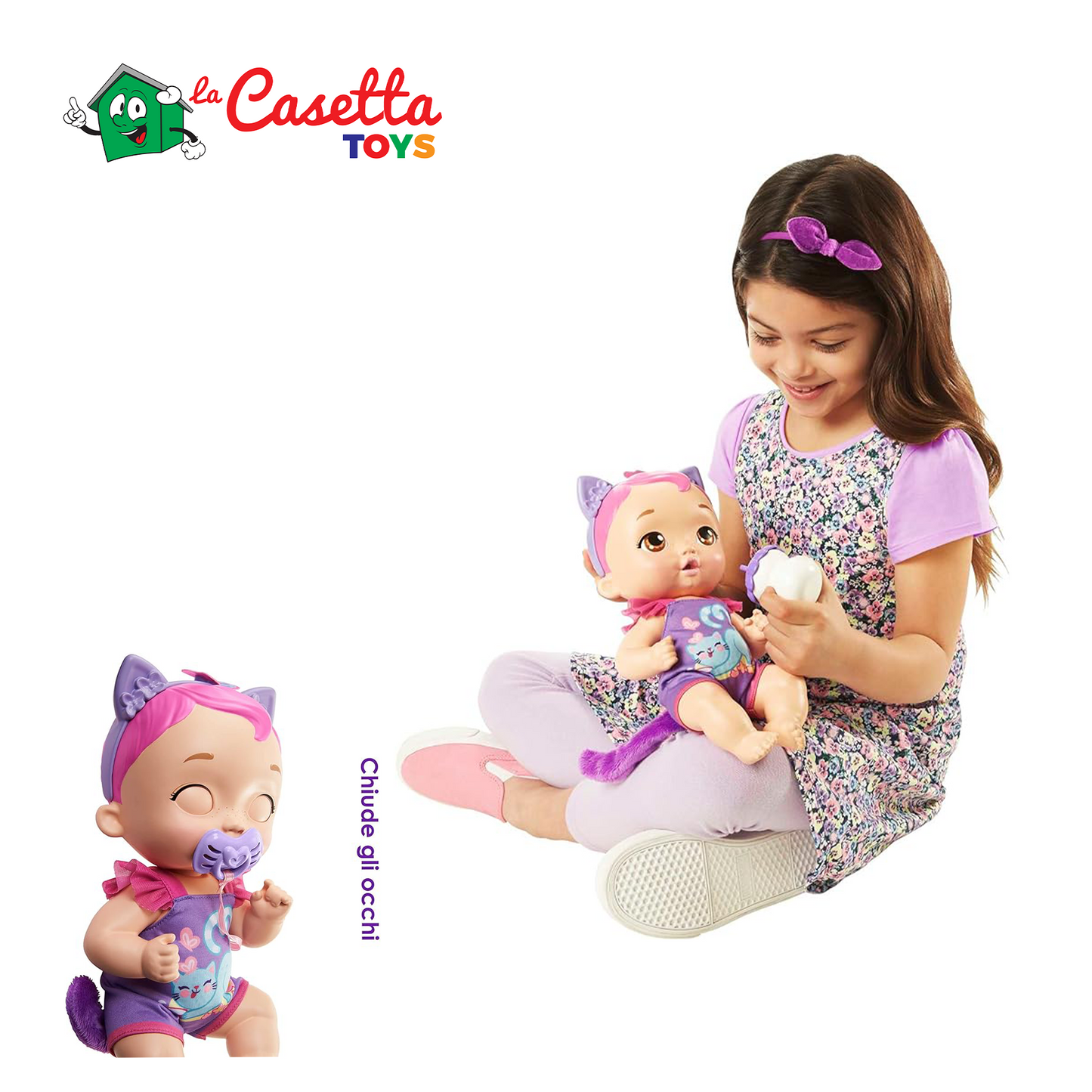 My Garden Baby Gattina Pappa e Nanna - Bambola interattiva viola da 30,5 cm, con oltre 20 suoni e 5 accessori, Giocattolo e regalo per Bambini 3+ Anni, HHP28