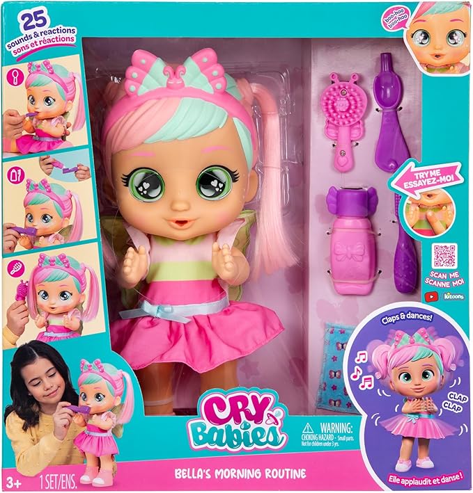 CRY BABIES Bella Morning Routine, Bambola, Fa 3 Routine Interattive, Applaude e Balla e i suoi Occhi si Illuminano, Include 6 Accessori, Giocattolo Regalo per Bambini dai 3 Anni in su Marca: IMC Toys