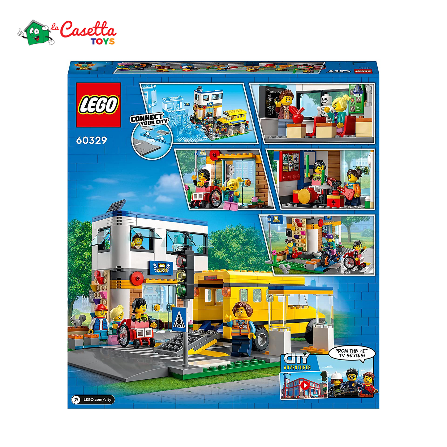 LEGO 60329 City Giorno di Scuola, Set Serie Adventures con Autobus Giocattolo, 2 Aule e Strada,