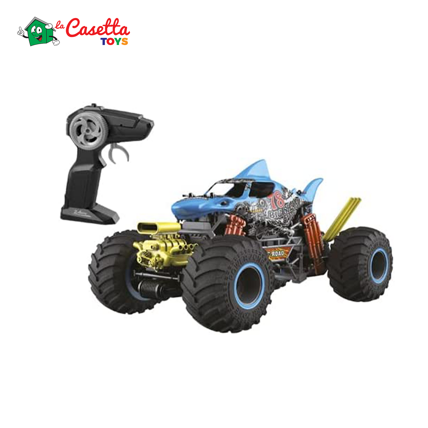 Radiocom Monster Shark XL, Macchina Giocattolo Scala 1:12. Con Ruote Grandi, Effetto Fumo dal Tubo di Scarico, Simulazione della Vibrazione. Misura: 39 x 25 x 20 cm RC 2.4 Ghz, Velocità Max 13 km/h