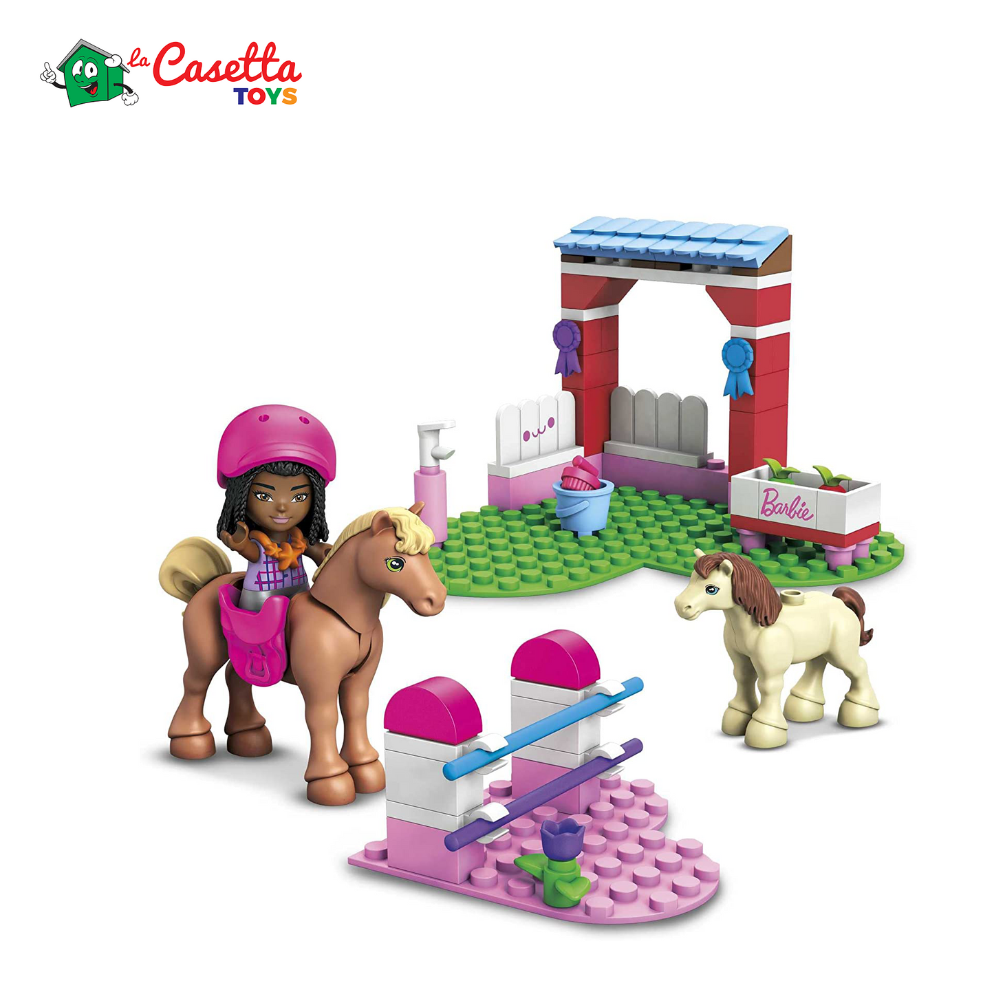 Mega Construx Barbie Maneggio con Ostacoli - Set Costruzioni con Micro Bambola, Cavallo e Pony - 68 Mattoncini + Accessori - Regalo Bambini 4+ Anni