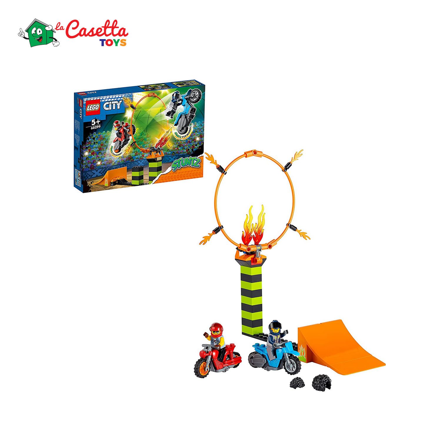 LEGO 60299 City Stuntz Competizione Acrobatica, Set con 2 Moto Giocattolo con Meccanismo a Spinta, Cerchio di Fuoco e Minifigura Duke DeTain