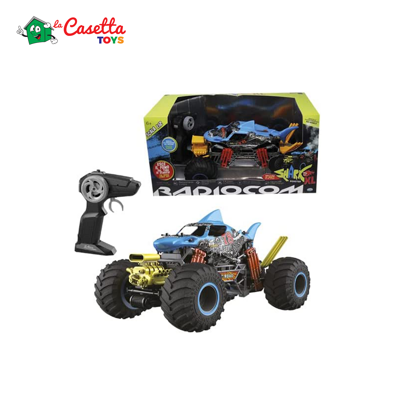 Radiocom Monster Shark XL, Macchina Giocattolo Scala 1:12. Con Ruote Grandi, Effetto Fumo dal Tubo di Scarico, Simulazione della Vibrazione. Misura: 39 x 25 x 20 cm RC 2.4 Ghz, Velocità Max 13 km/h