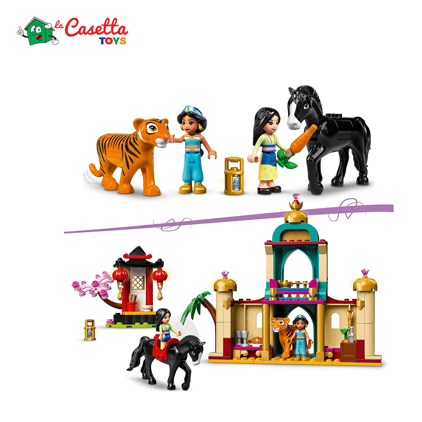 LEGO 43208 Disney Princess L’Avventura di Jasmine e Mulan, Playset con 2 Mini Bamboline, Cavallo e Tigre