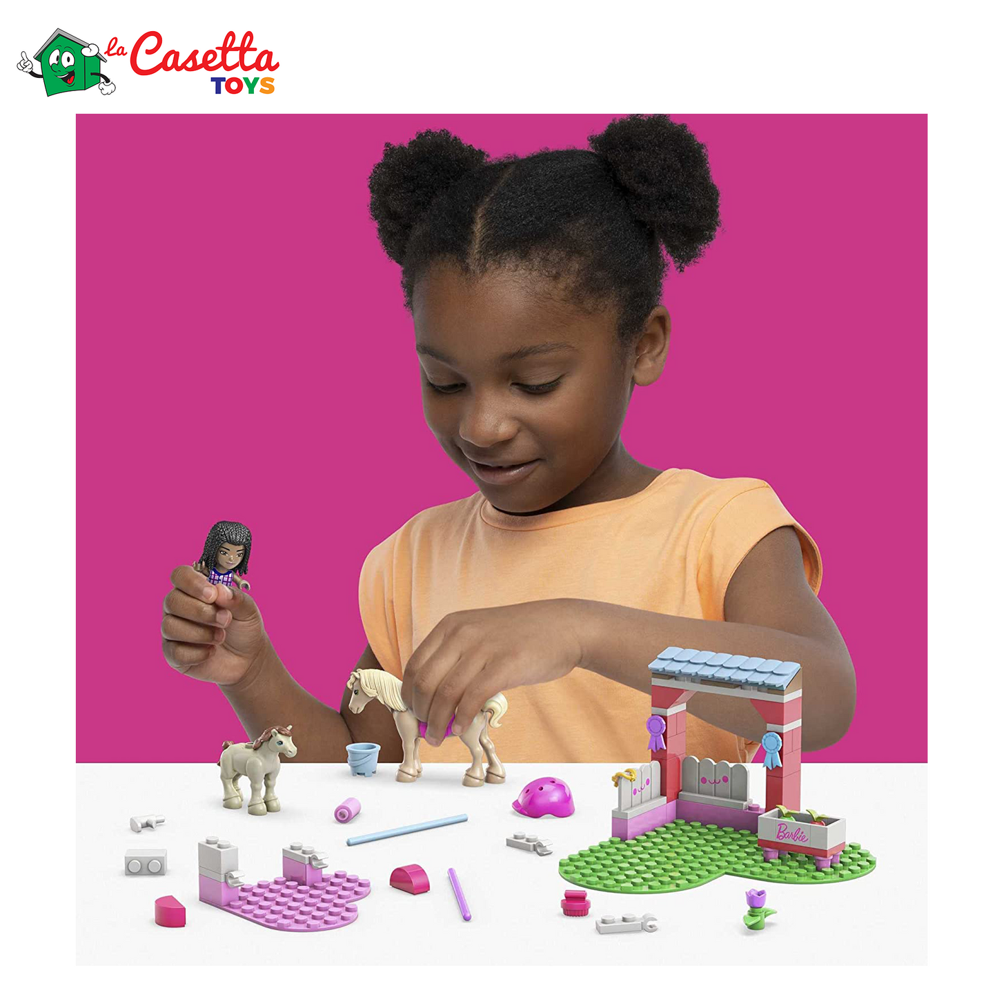 Mega Construx Barbie Maneggio con Ostacoli - Set Costruzioni con Micro Bambola, Cavallo e Pony - 68 Mattoncini + Accessori - Regalo Bambini 4+ Anni