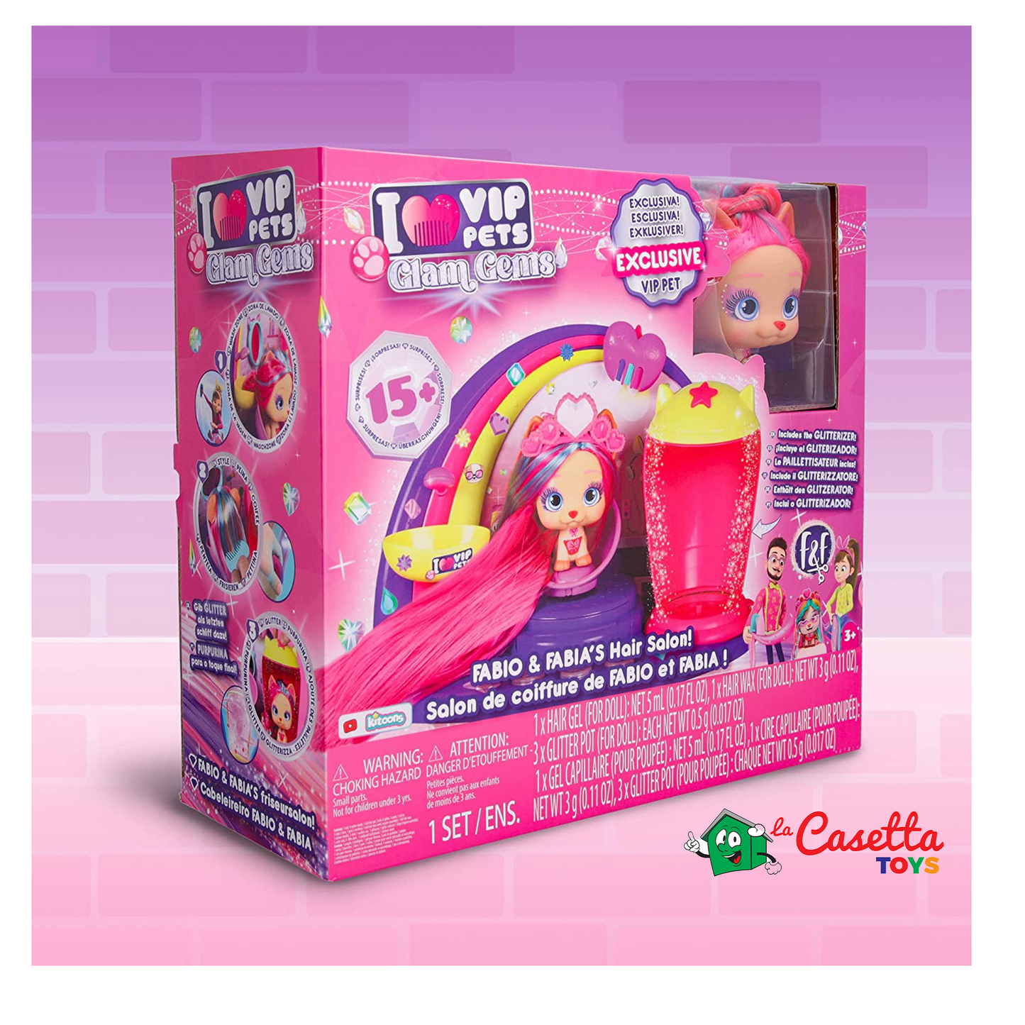 VIP PETS Glam Gems Il Salone di Fabio and Fabia, Set da parrucchiere con l'esclusiva bambola Shiara e 17 accessori, Regalo giocattolo per bambini e bambine dai 3 anni in su