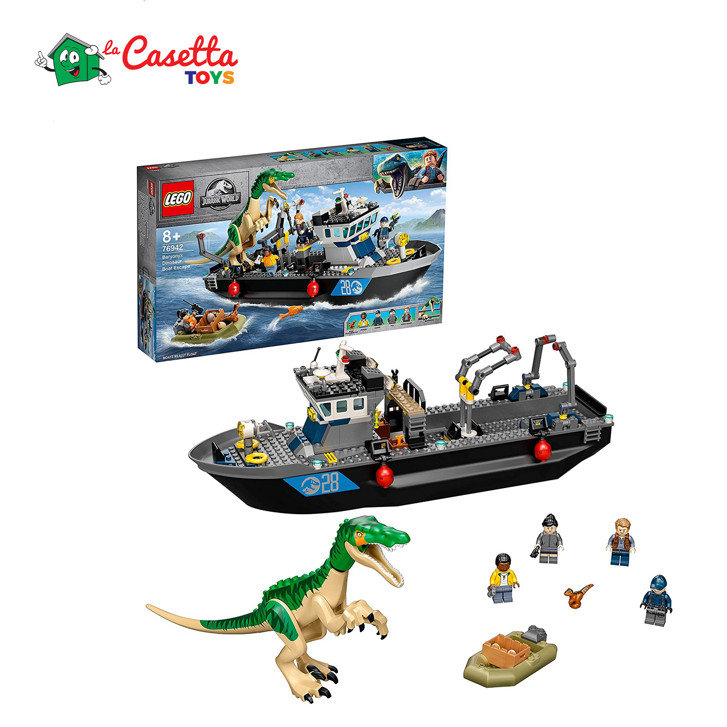 LEGO Jurassic World Fuga sulla Barca del Dinosauro Baryonyx, Regalo per Bambini e Bambine, Giochi con Minifigures, 76942