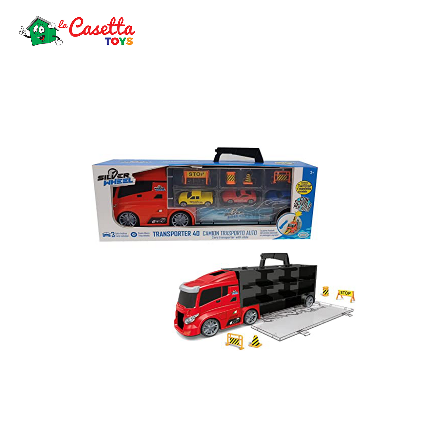 Silver Wheel - Transporter 40, Camion Giocattolo con 3 Auto in Die-Cast incluse, Segnali Stradali, Maniglia e Scivolo Frontale