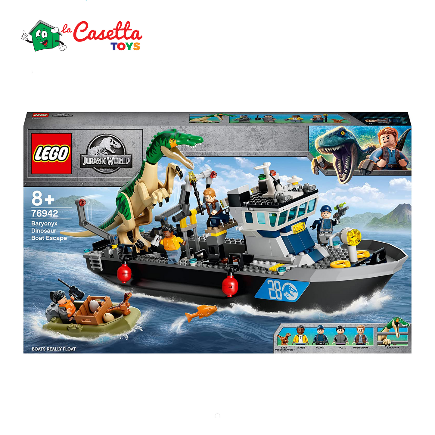 LEGO Jurassic World Fuga sulla Barca del Dinosauro Baryonyx, Regalo per Bambini e Bambine, Giochi con Minifigures, 76942
