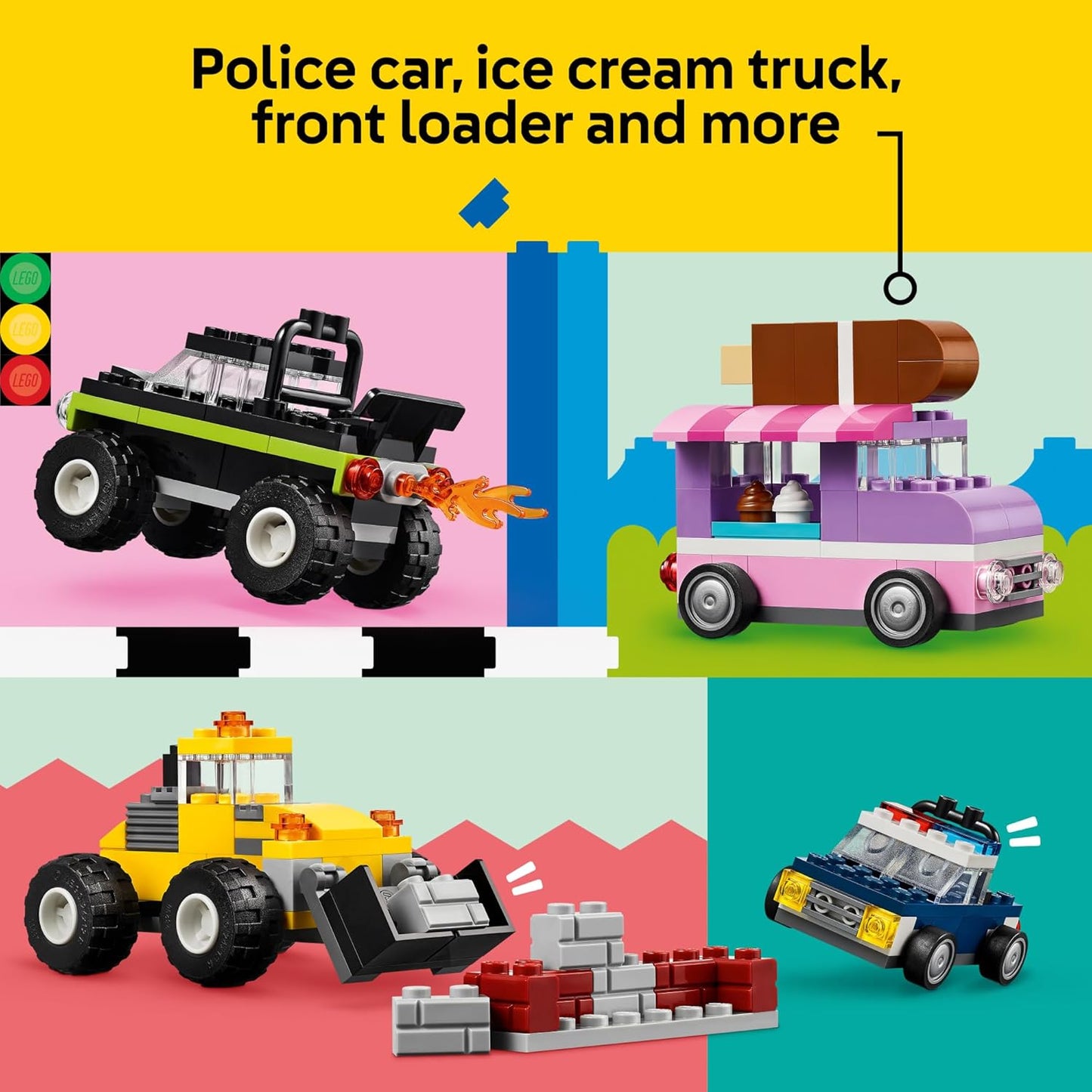 LEGO Veicoli creativi classici, kit di costruzione in mattoni colorati con camion dei gelati, giocattolo auto della polizia, modellino di auto da città e altro 11036