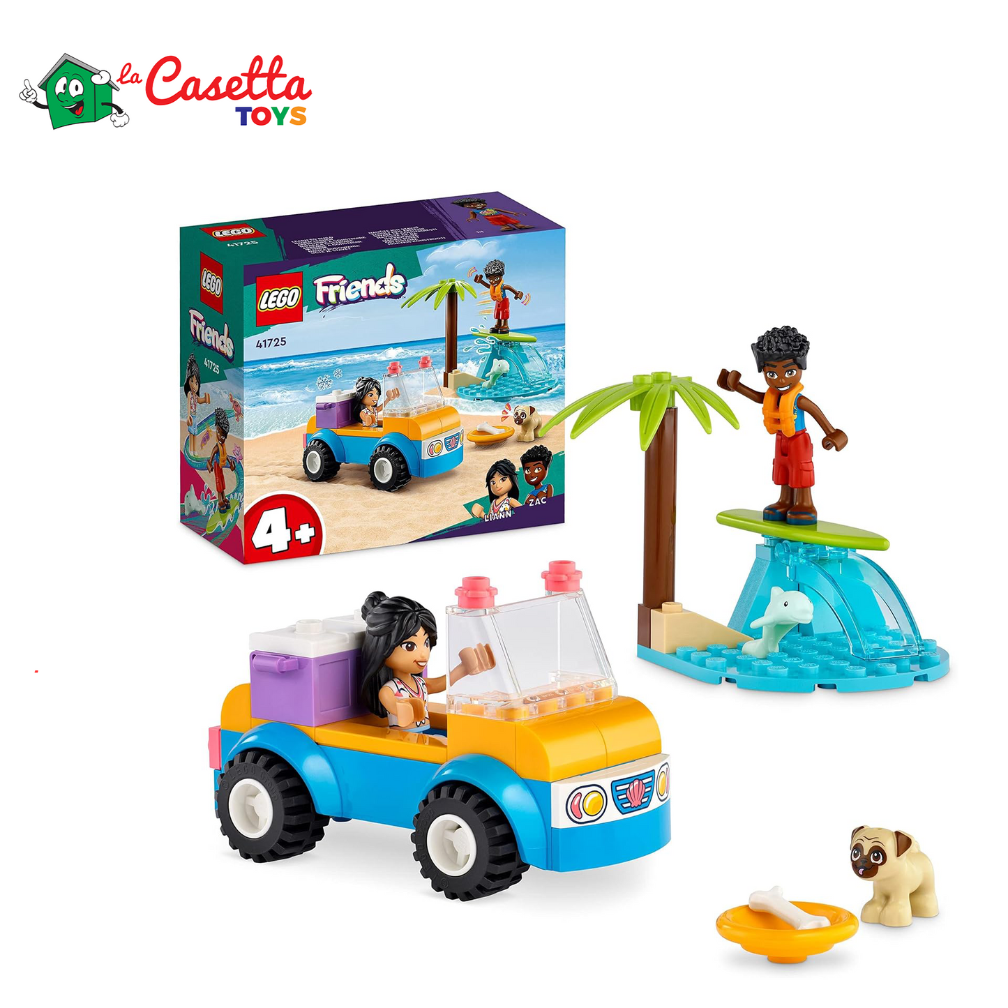 LEGO Friends Divertimento sul Beach Buggy con Macchina Giocattolo, Tavola da Surf, Mini Bamboline, Delfino e Cane, Giochi Estivi per Bambini e Bambine dai 4 Anni 41725