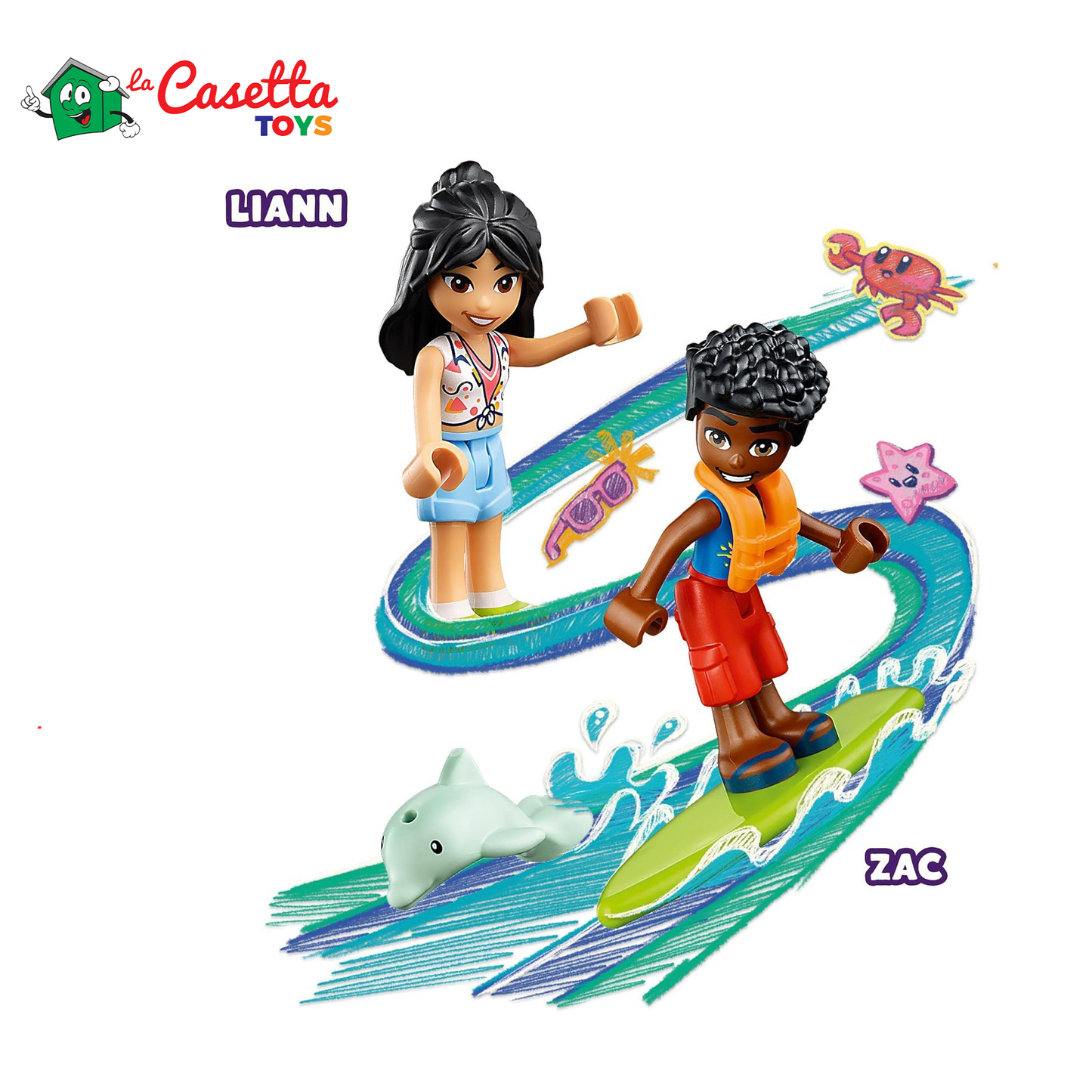 LEGO Friends Divertimento sul Beach Buggy con Macchina Giocattolo, Tavola da Surf, Mini Bamboline, Delfino e Cane, Giochi Estivi per Bambini e Bambine dai 4 Anni 41725