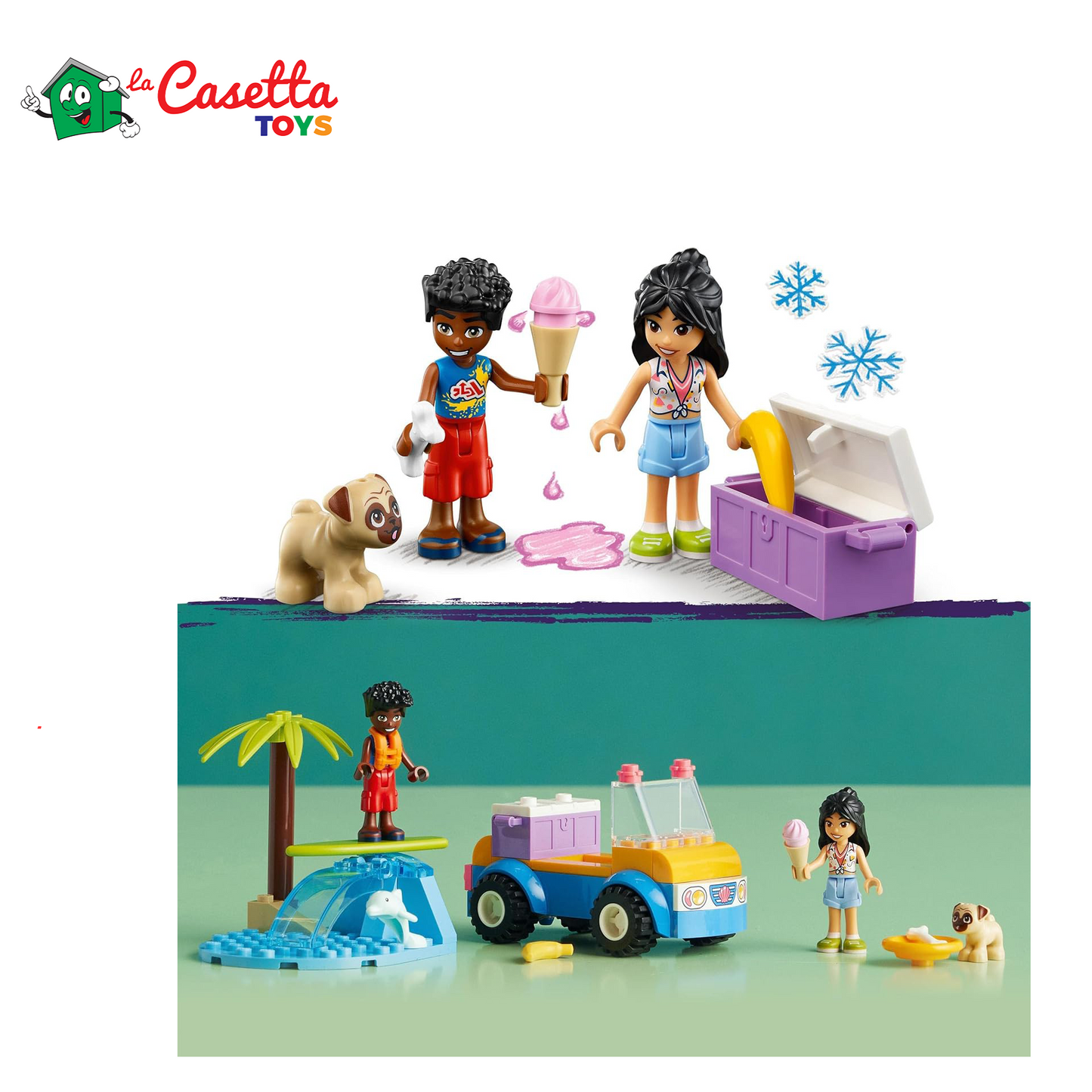 LEGO Friends Divertimento sul Beach Buggy con Macchina Giocattolo, Tavola da Surf, Mini Bamboline, Delfino e Cane, Giochi Estivi per Bambini e Bambine dai 4 Anni 41725