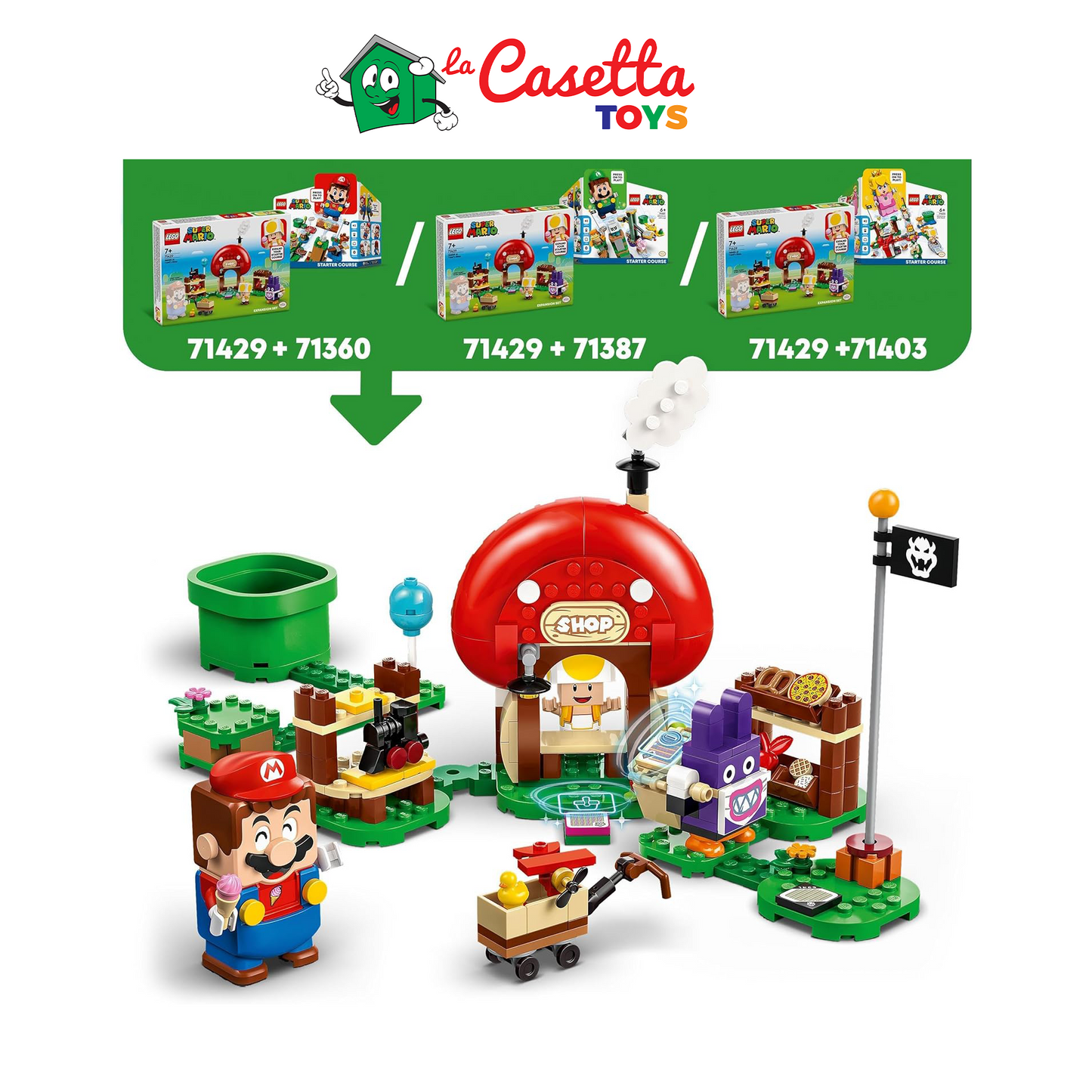 LEGO Super Mario Pack di Espansione Ruboniglio al Negozio di Toad, Giochi da Collezione per Bambini da 7 Anni con 2 Personaggi Giocattolo, Regalo per Gamer da Abbinare a Uno Starter Pack 71429