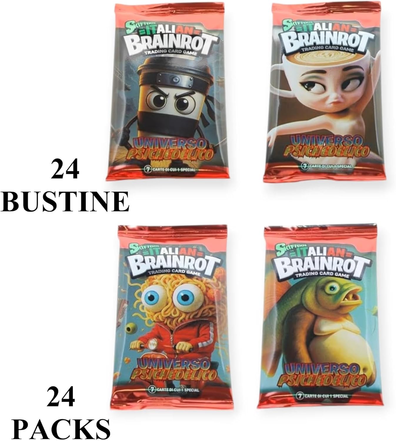 Brainrot Skifidol UNIVERSO PSICHEDELICO Italiano BOX Intero 24 BUSTE Pacchetti CARTE COLLEZIONE - Ogni pacchetto contiene 7 carte (una special)