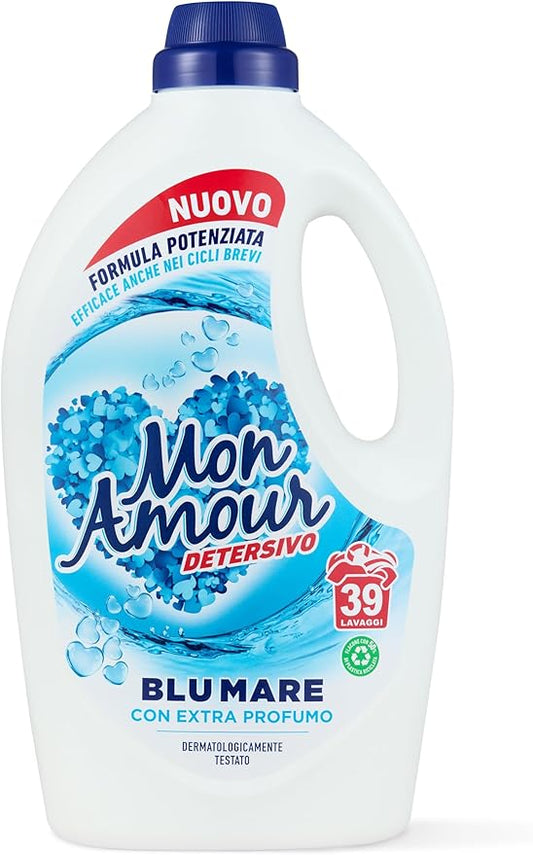 MON AMOUR - Detersivo Lavatrice Liquido Blu Mare Extra Profumo, Formula Potenziata per Cicli Brevi e a Freddo, Detersivi per Bucato e Biancheria Fresca a Lungo Bianchi e Colorati, 1x1560 ml 39 Lavaggi