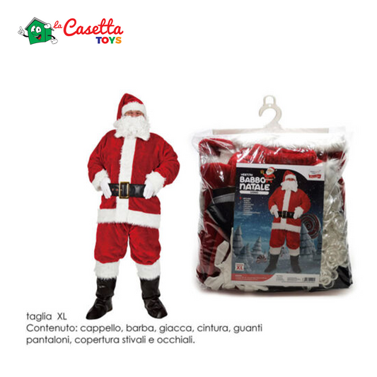 Vestito Babbo Natale taglia XL. Costume completo di : Cappello, barba, giacca, cintura, guanti, pantaloni, copertura stivali e occhiali.