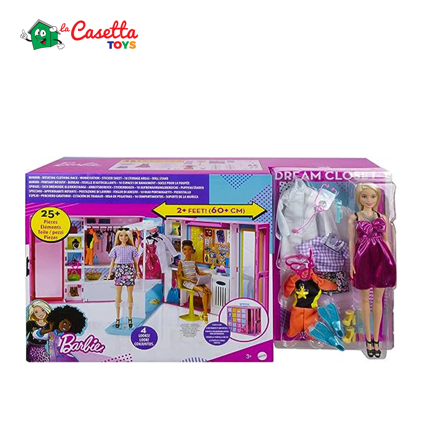 Barbie L'Armadio Dei Sogni - Con Bambola Barbie Bionda - Specchiera - Oltre 25 Vestiti e Accessori Barbie - 60 Cm - Regalo per Bambini dai 3+ Anni