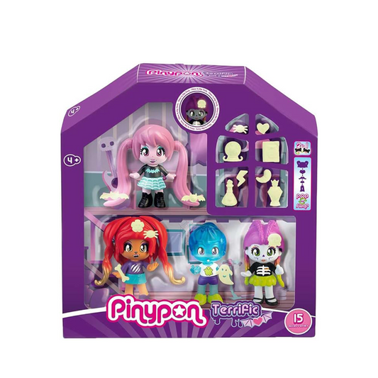 Pinypon - Terrific Friends, 4 Personaggi Terrific: Vampiro, Ragazza Lupo, Ragazza Scheletro e Ragazzo Fantasma, Accessori che Brillano al Buio, per Bambine/I dai 4 anni Famosa, (PNY47000)