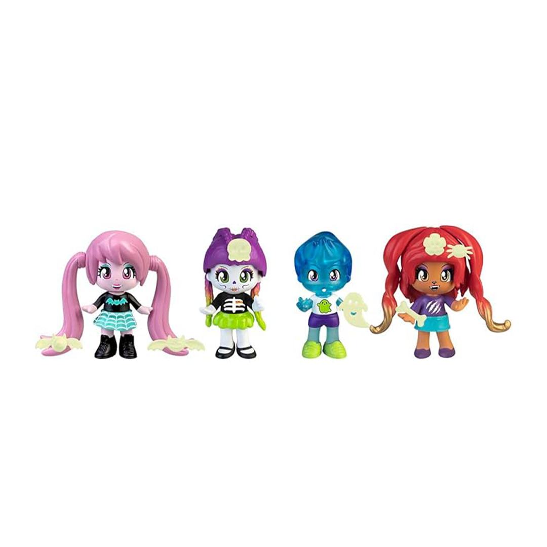Pinypon - Terrific Friends, 4 Personaggi Terrific: Vampiro, Ragazza Lupo, Ragazza Scheletro e Ragazzo Fantasma, Accessori che Brillano al Buio, per Bambine/I dai 4 anni Famosa, (PNY47000)