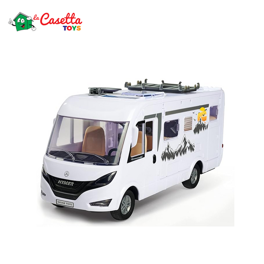 Dickie Toys - Playlife Camper Set, Hymer B-Class Motorhome, con pannello, porta laterale, gavone e tetto apribili, Incluso personaggio, E-Bike, BBQ con luci, paddling, tavolo con sedia