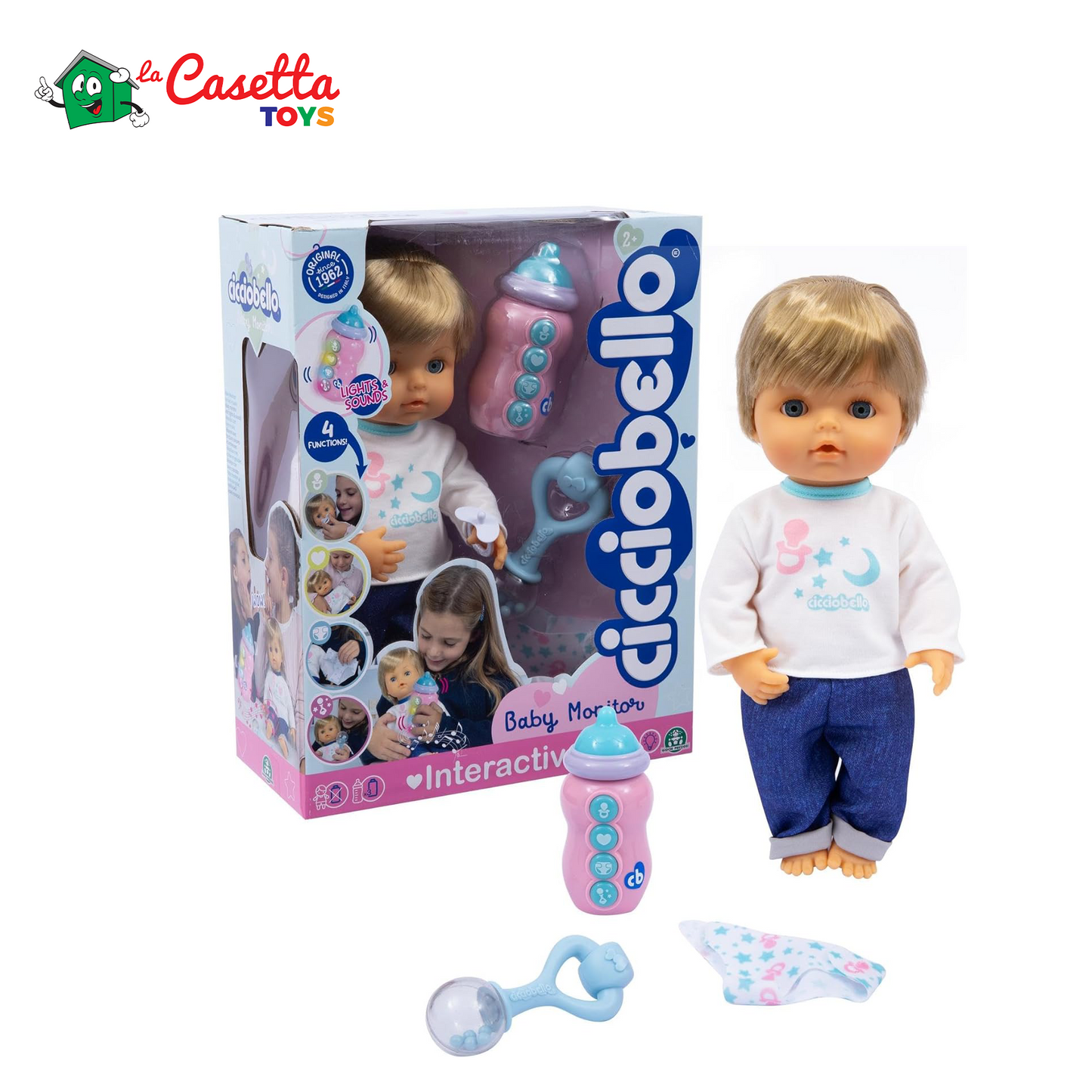 Cicciobello Baby Monitor, Bambola Interattiva con Corpo Morbido da 30 cm, Giochi Bambini 2 anni, Accessori Inclusi e Funzioni Guidate dal Monitor Biberon