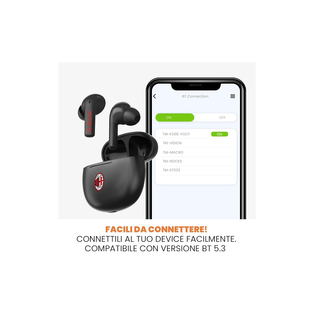 TECHMADE Seven Auricolari Wireless A.C. Milan, Doppio Microfono, Bambini e Ragazzi, Squadra di Calcio, Idea Regalo per Tifosi