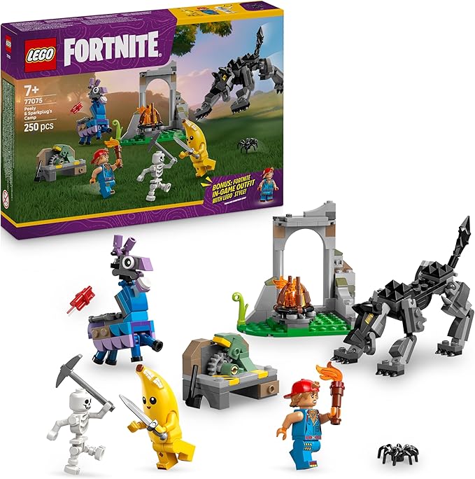 LEGO Fortnite Campo di Bananita e Starter Giocattolo - Include le Figure del Lupo e del Lama delle Scorte, 3 Minifigure e un Falò - Regalo per Gamer, Bambini, Bambine e Fan da 7 Anni - 77075