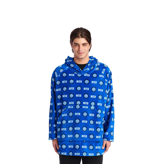 Inter - Felpa con Cappuccio Oversize Poncho Coperta Indossabile Gigante, Pullover, Super Confortevole, Tasca Anteriore. Fantasia Nerazzurra Logo Prodotto Ufficiale