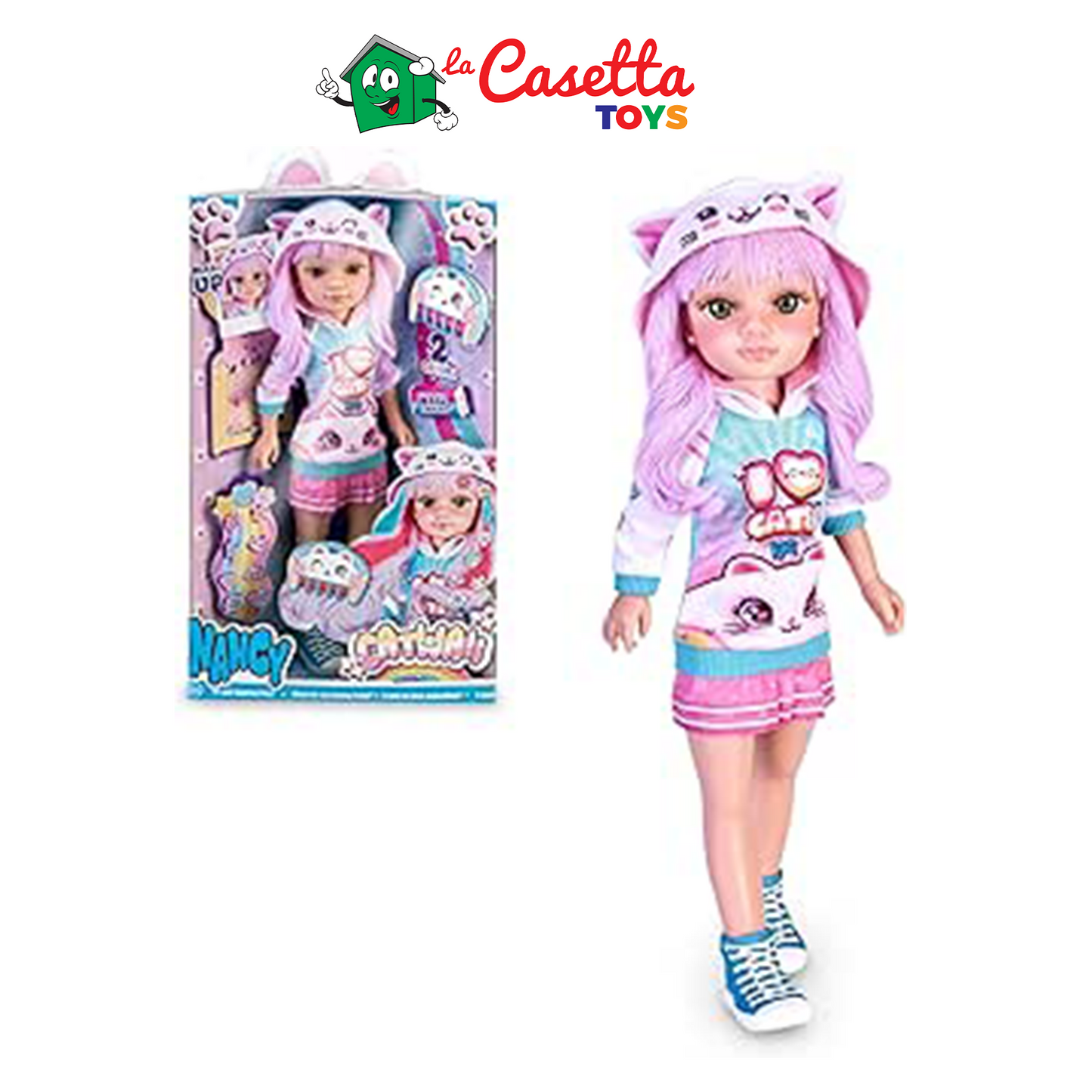 Nancy Catwaii, bambola stile Kawaii Giapponese, abbigliamento e accessori ispirati ai gattini, con pettine per mesches, adesivi e tatuaggi, +3 anni, Famosa (NAC75000)