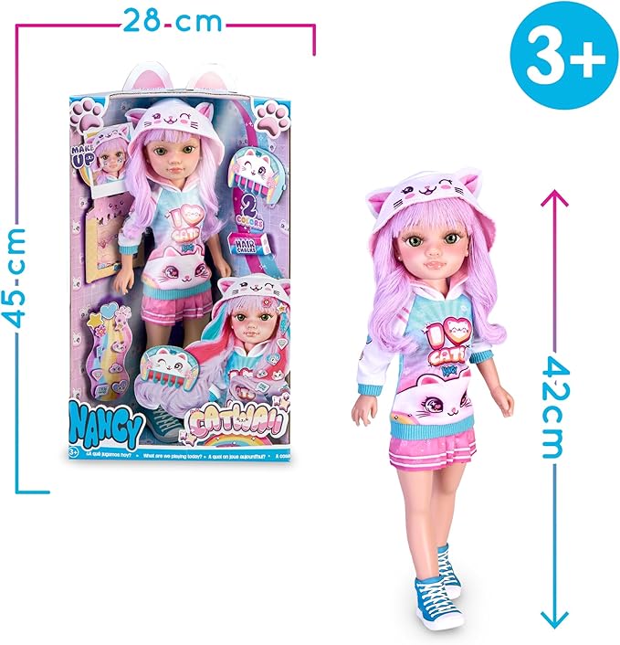 Nancy Catwaii, bambola stile Kawaii Giapponese, abbigliamento e accessori ispirati ai gattini, con pettine per mesches, adesivi e tatuaggi, +3 anni, Famosa (NAC75000)