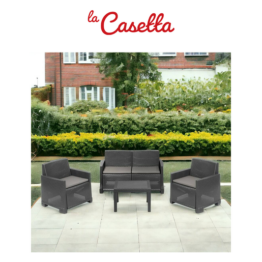 Set salotto da esterno , Set da giardino con 2 poltrone, 1 divano e 1 tavolino, Effetto rattan con cuscini, 100% Made in Italy, Antracite