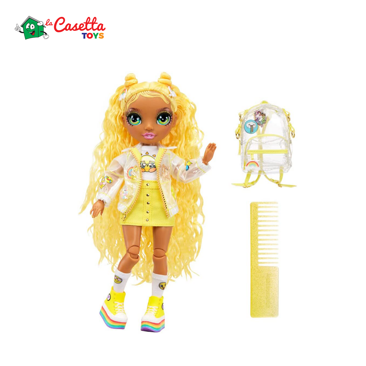 Rainbow High Jr. High - SUNNY MADISON - Bambola alla moda gialla da 23cm con vestito e accessori - Include zainetto Apri e chiudi - Da collezionare o regalare - Età: dai 6 anni in su