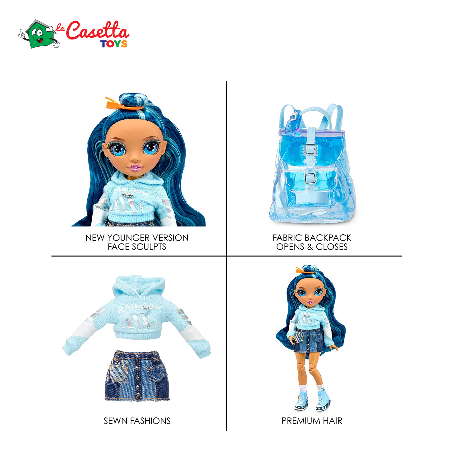 Rainbow High Jr. High - SKYLER BRADSHAW - Bambola alla moda blu da 23cm con vestito e accessori - Include zainetto Apri e chiudi - Da collezionare o regalare - Età: dai 6 anni in su