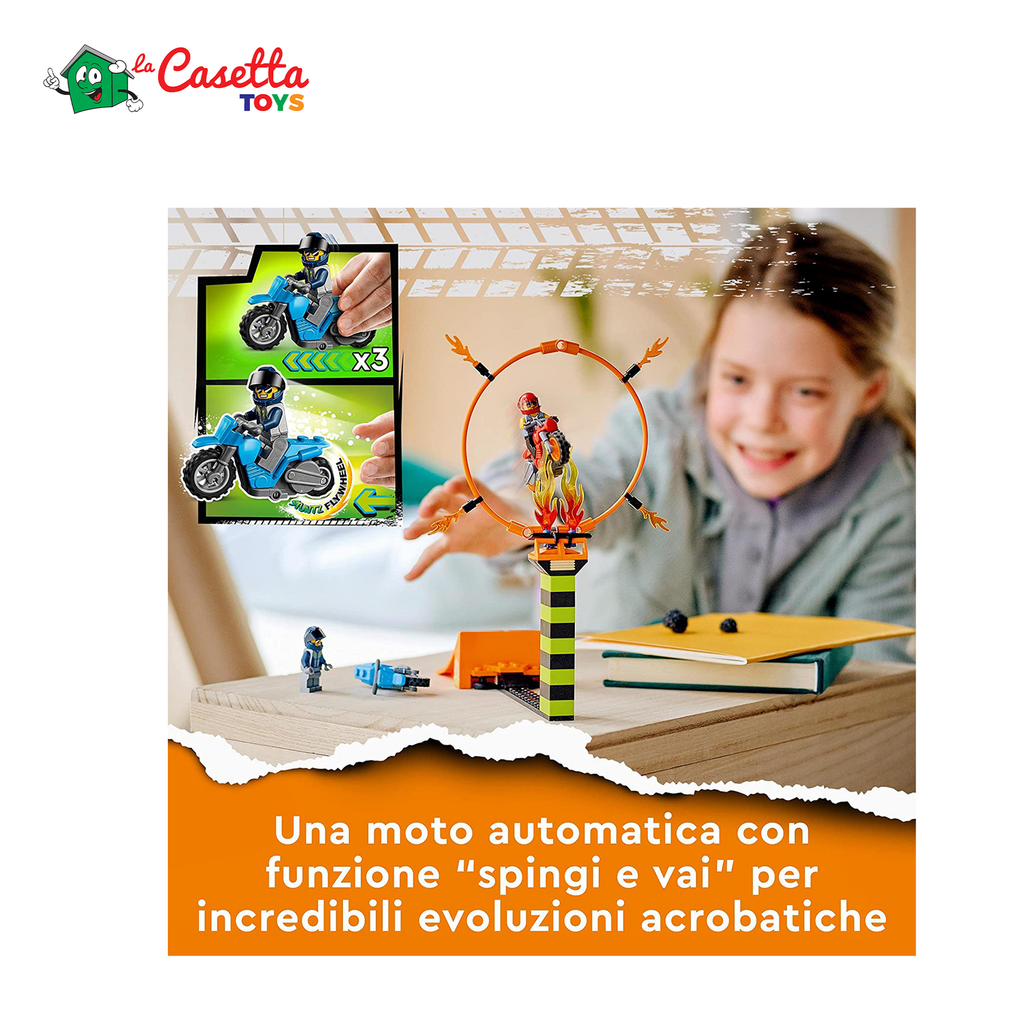 LEGO 60299 City Stuntz Competizione Acrobatica, Set con 2 Moto Giocattolo con Meccanismo a Spinta, Cerchio di Fuoco e Minifigura Duke DeTain