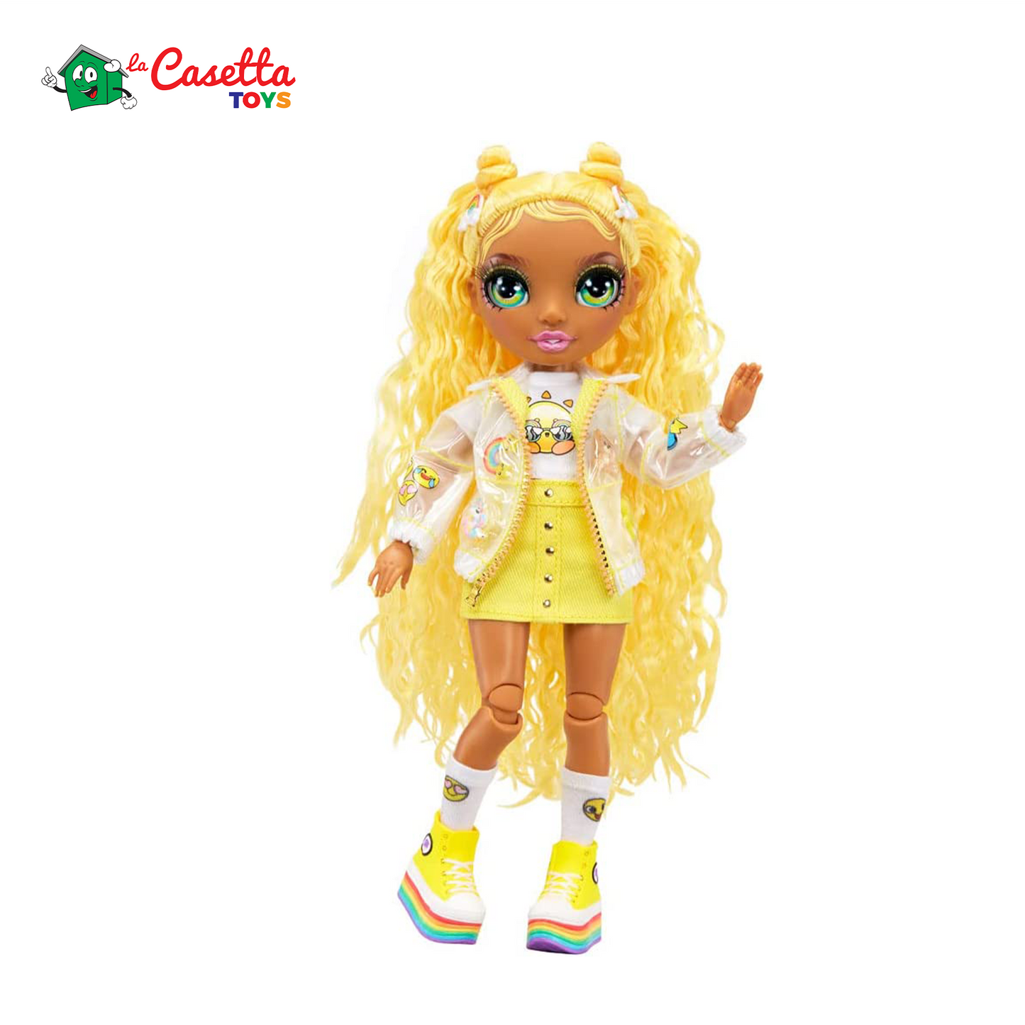 Rainbow High Jr. High - SUNNY MADISON - Bambola alla moda gialla da 23cm con vestito e accessori - Include zainetto Apri e chiudi - Da collezionare o regalare - Età: dai 6 anni in su