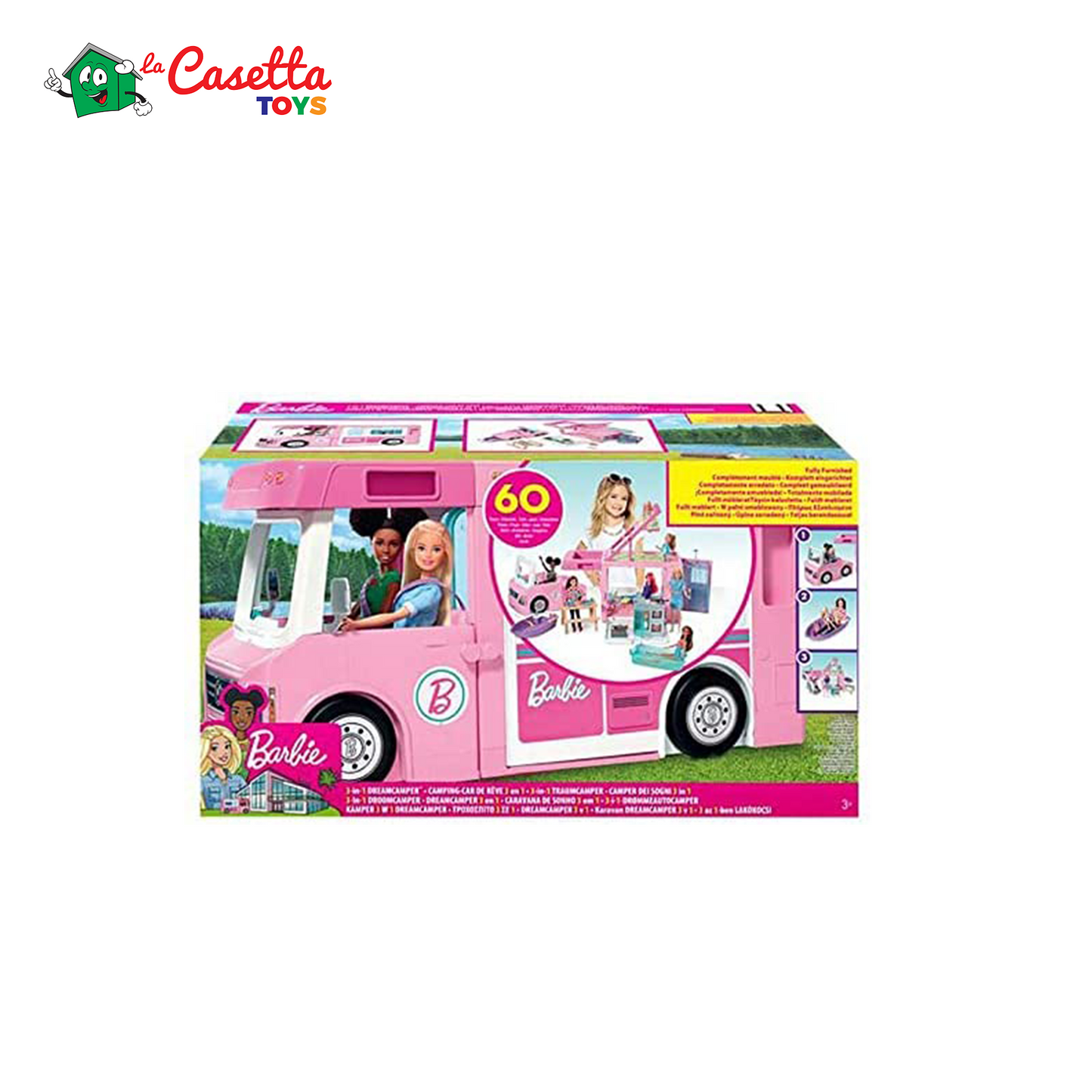 Barbie Camper dei Sogni - Veicolo 3 in 1 Trasformabile con Piscina - Pick-Up e Barca - Dettagli realistici - 50 Accessori - Regalo Bambini 3-7 Anni