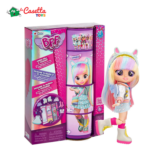 BFF BY CRY BABIES Jenna, Bambola alla moda da Collezione con Capelli Lunghi, Vestitini in Tessuto e 9 Accessori, Giocattolo per Bambini e Bambine +5 Anni