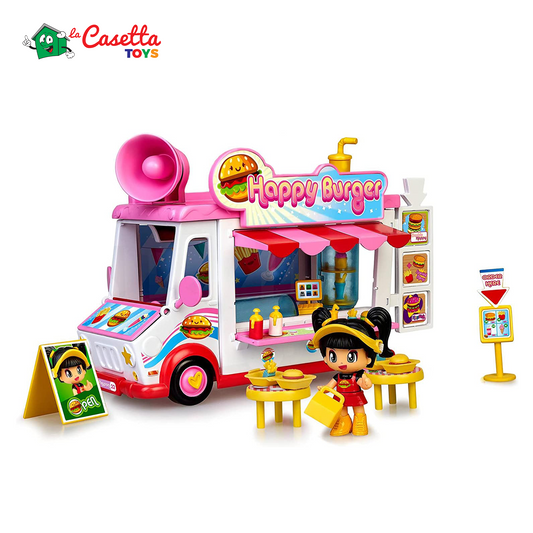 Pinypon - Happy Burger, playset ristorante e veicolo, include 1 bambola Pinypon, accessori, per bambine e bambini dai 4 anni, Famosa (700017210), Multicolore