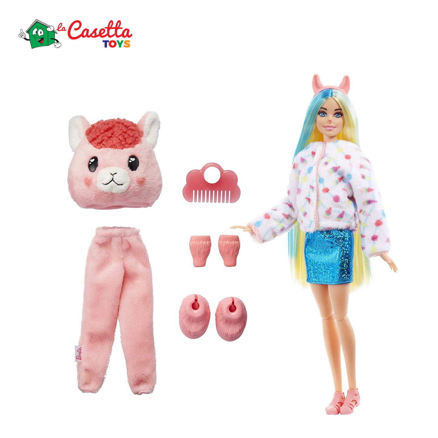 Barbie - Cutie Reveal Bambola Serie Fantasia Collezione Fantasy con Costume da Lama e 10 Sorprese, tra cui un Cucciolo ed Effetto Cambia Colore; Regalo e Giocattolo per Bambini 3+ Anni, HJL60