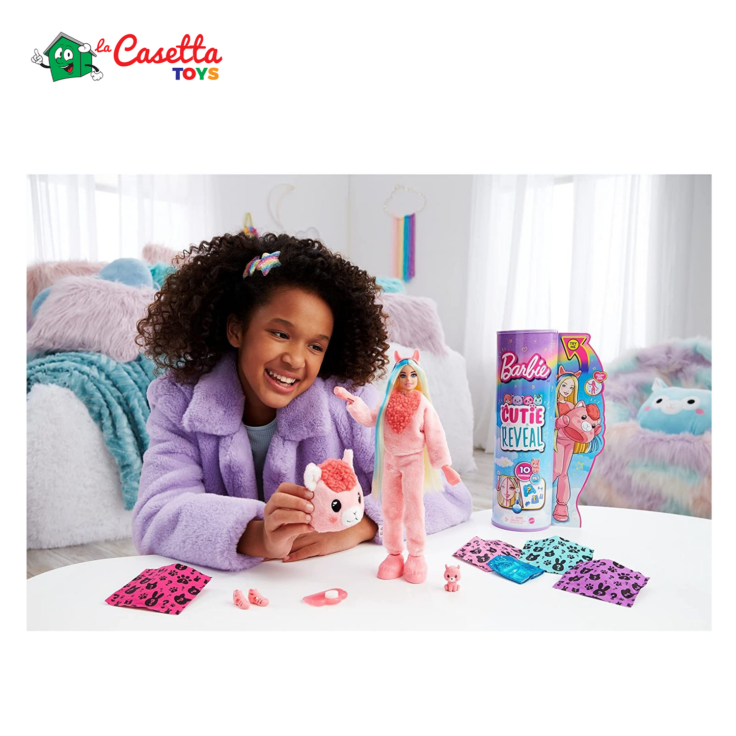 Barbie - Cutie Reveal Bambola Serie Fantasia Collezione Fantasy con Costume da Lama e 10 Sorprese, tra cui un Cucciolo ed Effetto Cambia Colore; Regalo e Giocattolo per Bambini 3+ Anni, HJL60