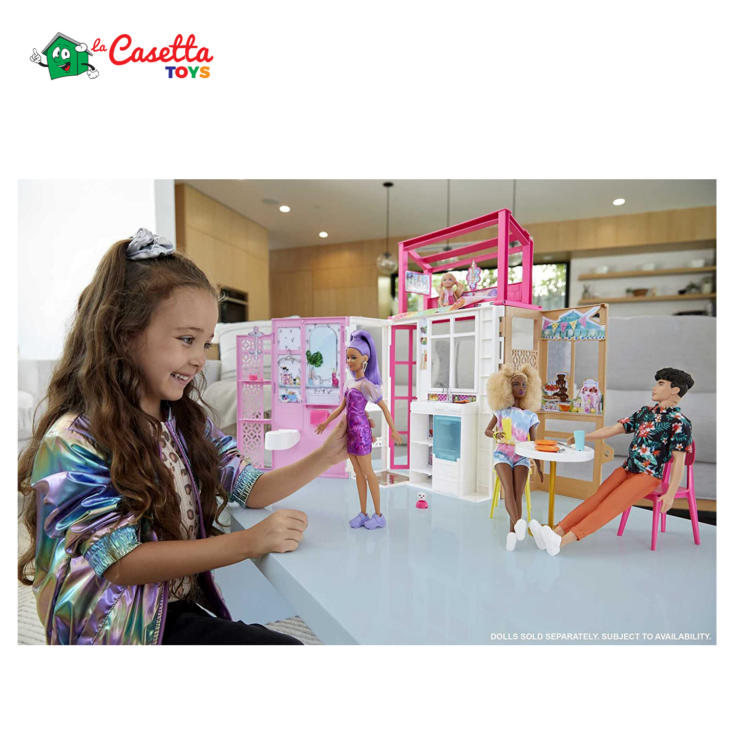 Casa Barbie a 2 piani con accessori giocattolo, regalo per ragazze e ragazzi +3 anni (Mattel HCD47)
